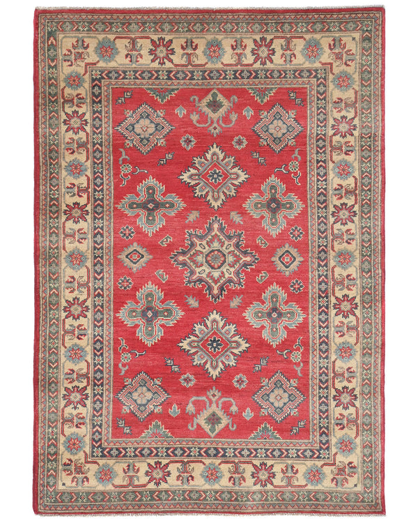 4x6 Red Kuba Afghan Hand Knotted Wool Area Rug